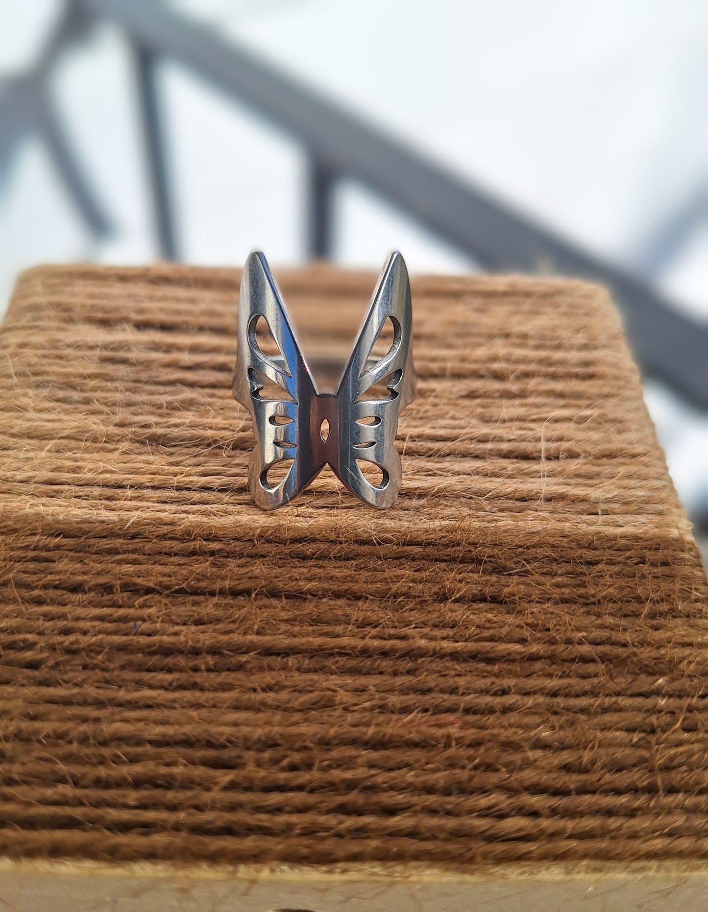 Geometric Flutter: Women's Stainless Steel Butterfly Ring in Size 9