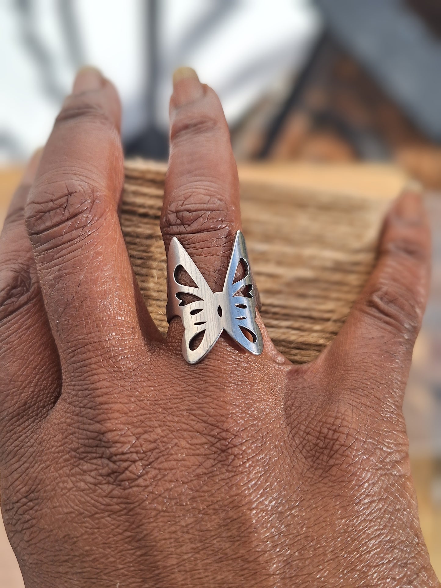 Geometric Flutter: Women's Stainless Steel Butterfly Ring in Size 9