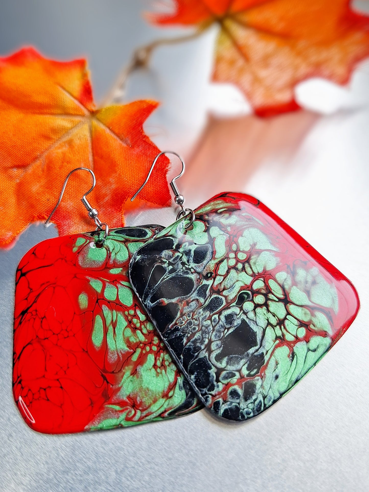 Rasta Love: Red, Green and Black Acrylic Pour Earrings on Aluminum