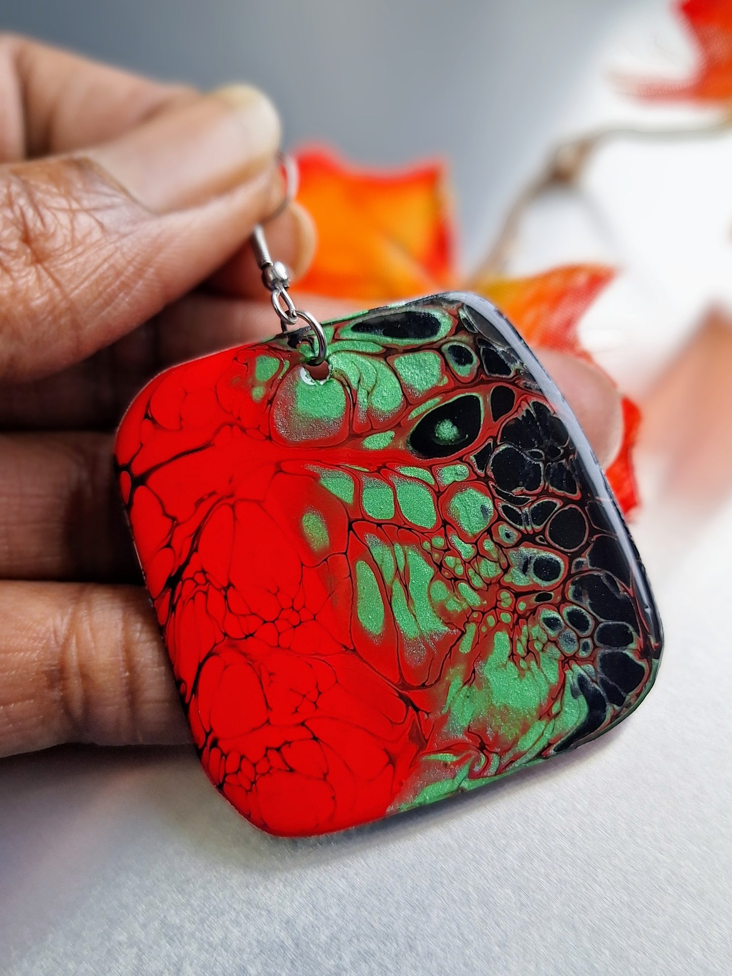 Rasta Love: Red, Green and Black Acrylic Pour Earrings on Aluminum