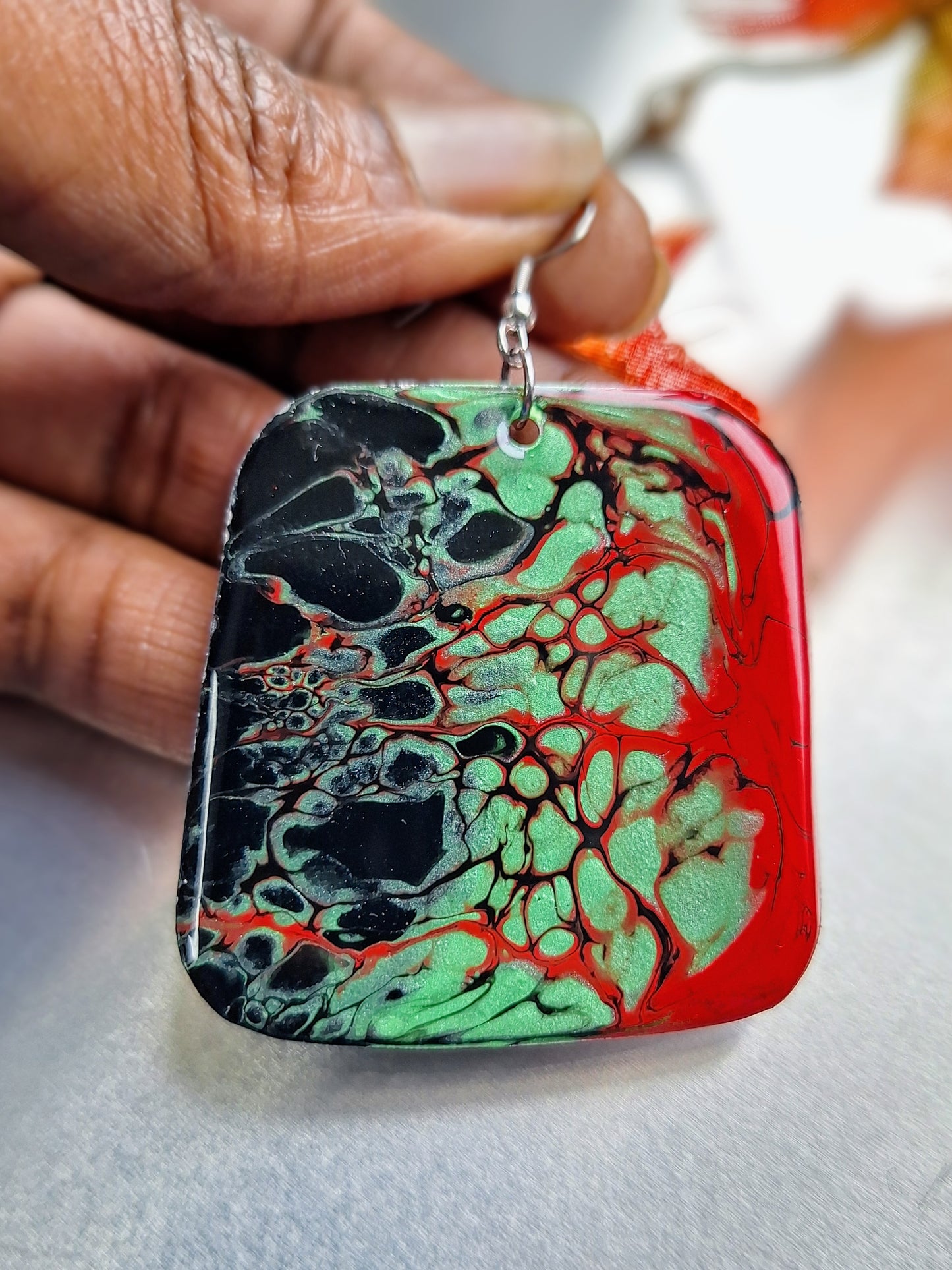 Rasta Love: Red, Green and Black Acrylic Pour Earrings on Aluminum