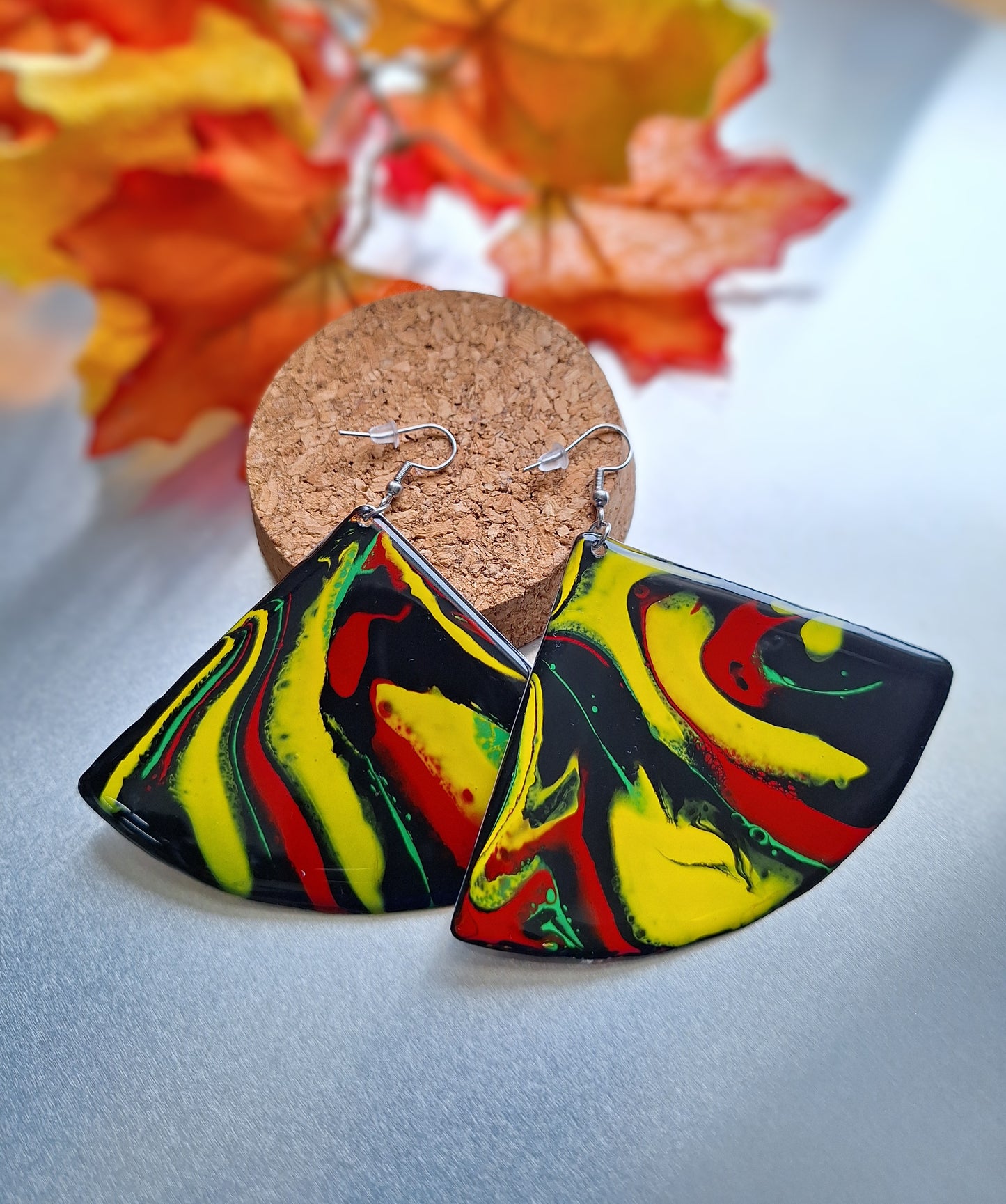 Harmony of Hues: Hand-Painted Aluminum Earrings in Red, Black, Green, and Yellow