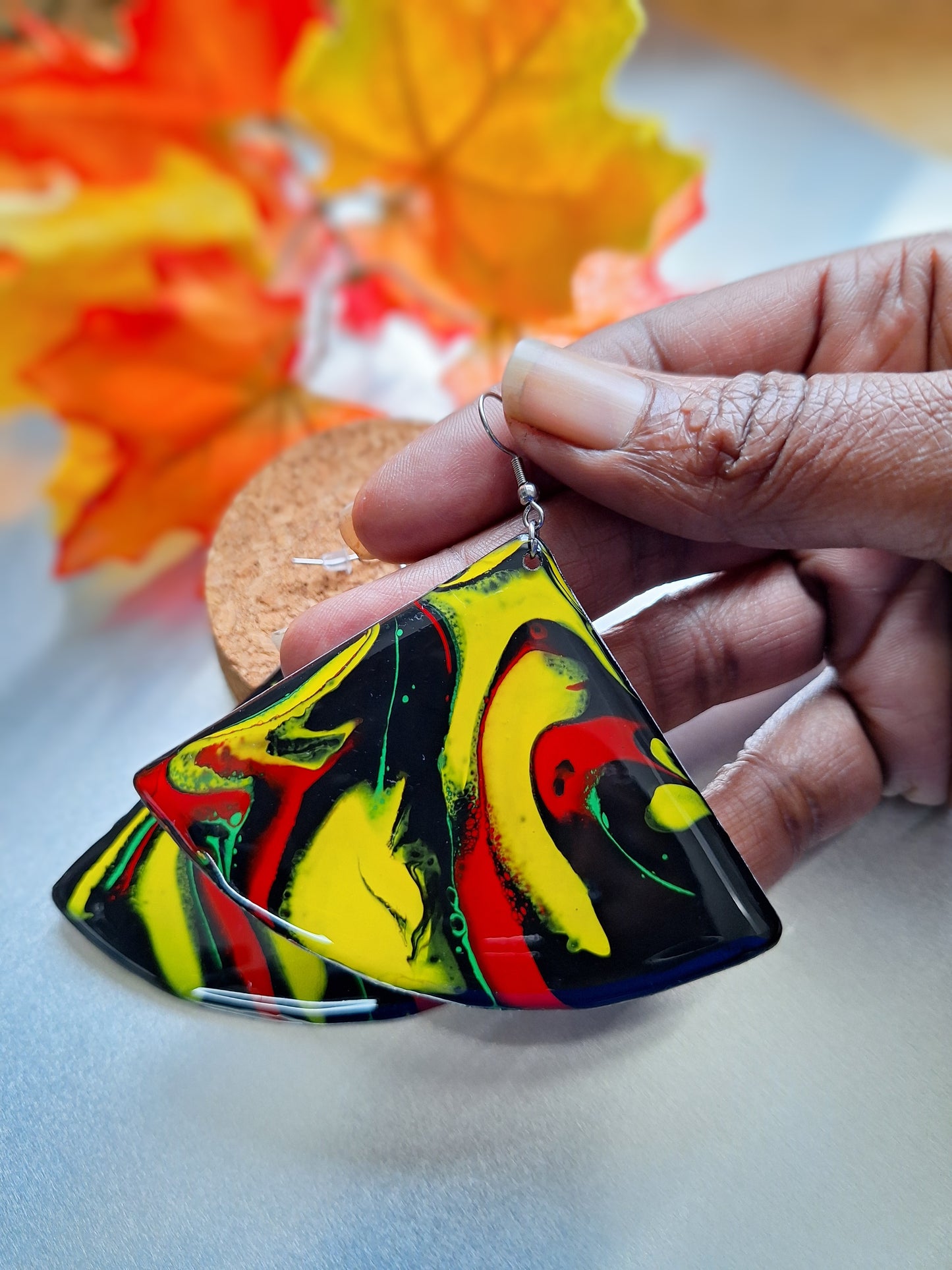 Harmony of Hues: Hand-Painted Aluminum Earrings in Red, Black, Green, and Yellow