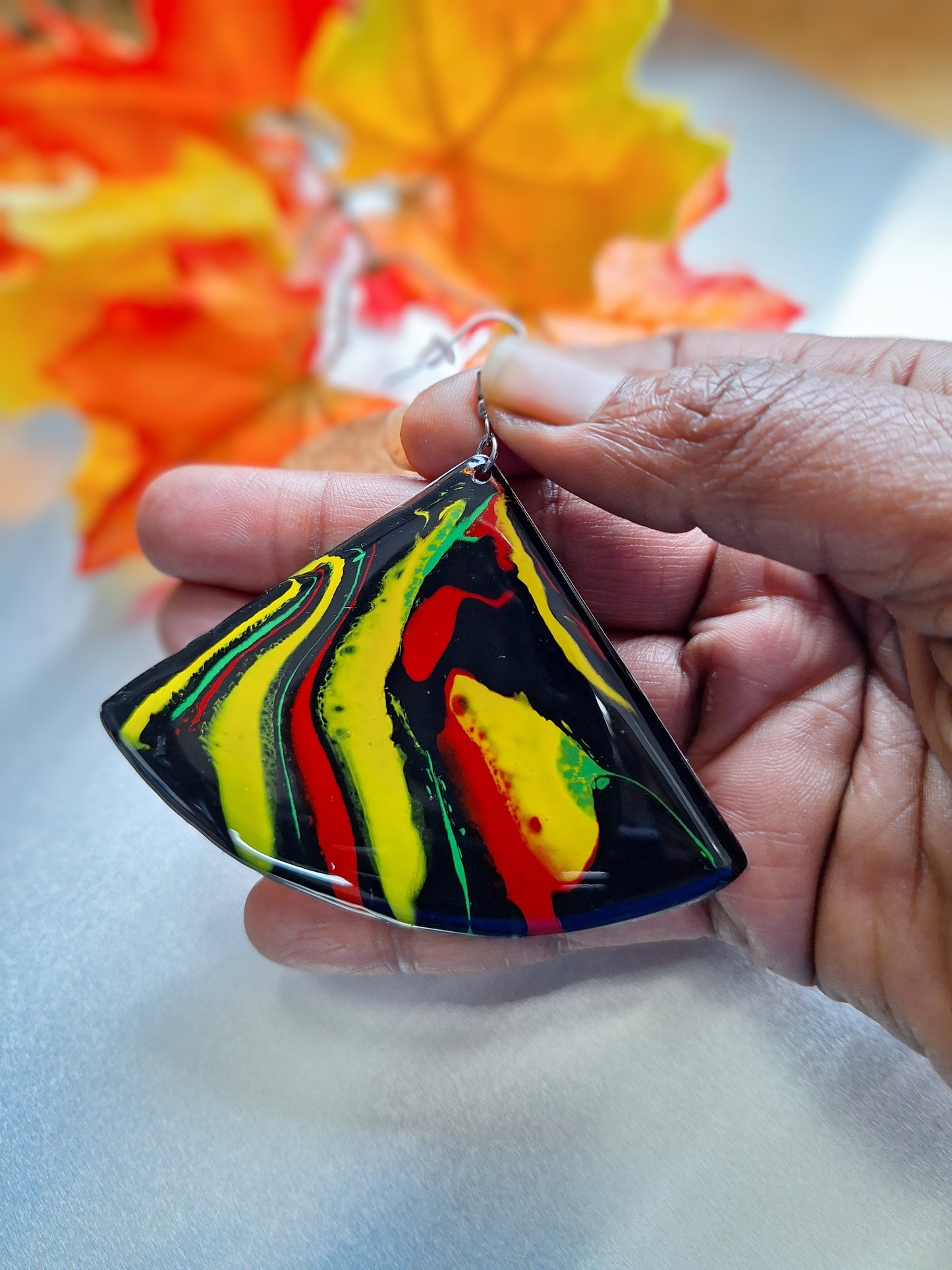 Harmony of Hues: Hand-Painted Aluminum Earrings in Red, Black, Green, and Yellow