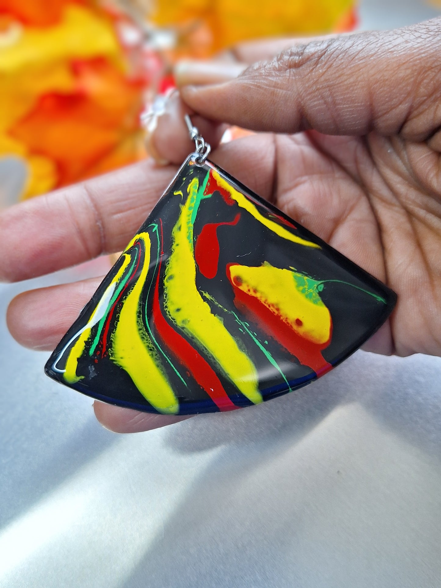 Harmony of Hues: Hand-Painted Aluminum Earrings in Red, Black, Green, and Yellow