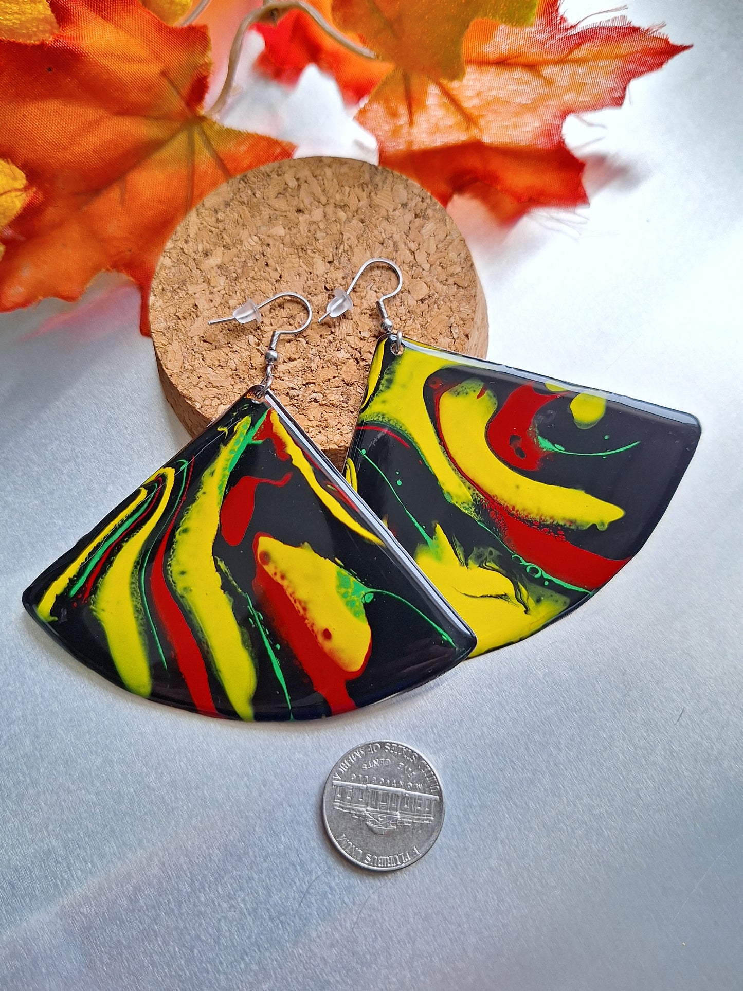 Harmony of Hues: Hand-Painted Aluminum Earrings in Red, Black, Green, and Yellow