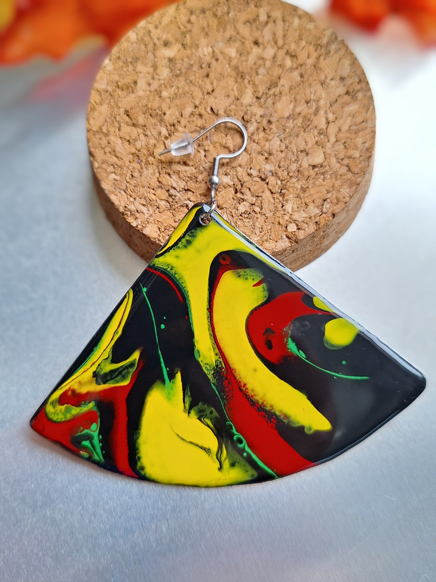 Harmony of Hues: Hand-Painted Aluminum Earrings in Red, Black, Green, and Yellow