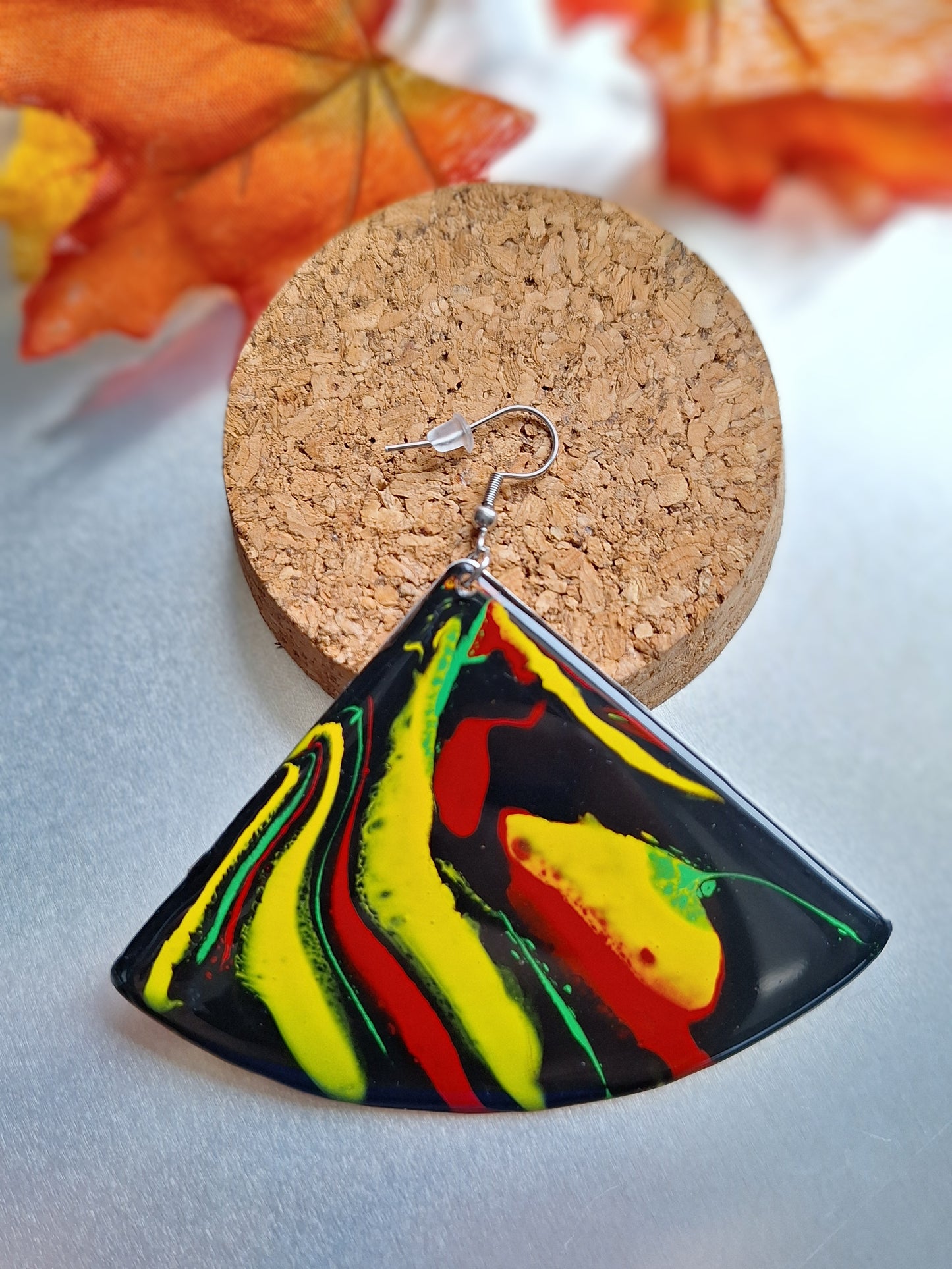 Harmony of Hues: Hand-Painted Aluminum Earrings in Red, Black, Green, and Yellow