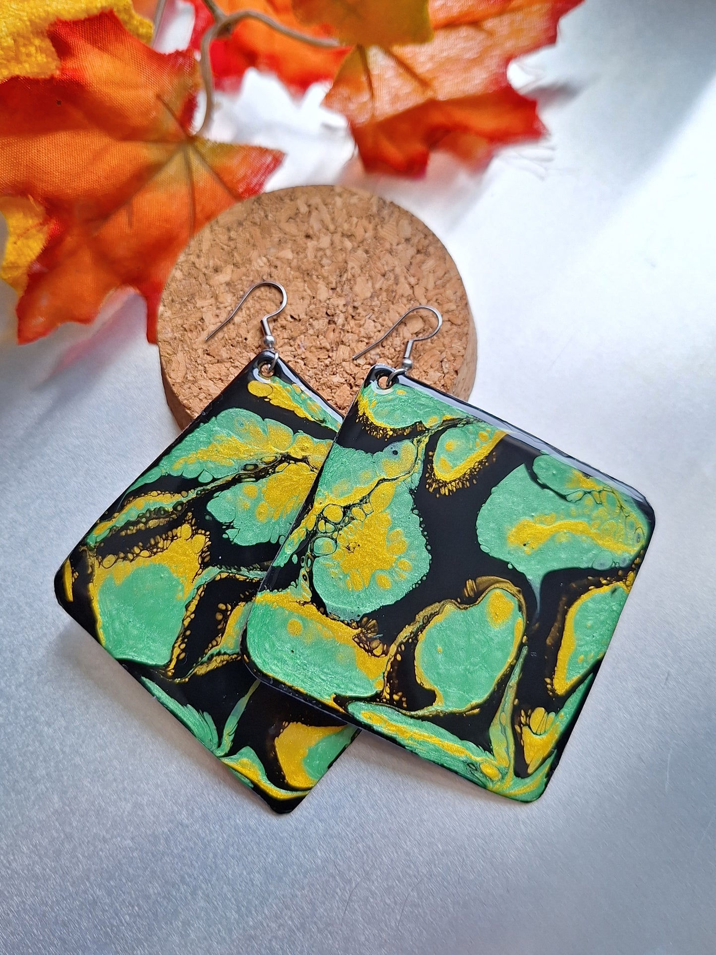 Midnight Forest: Handcrafted Aluminum Earrings Painted with Acrylic Pour Technique in Metallic Green and Gold