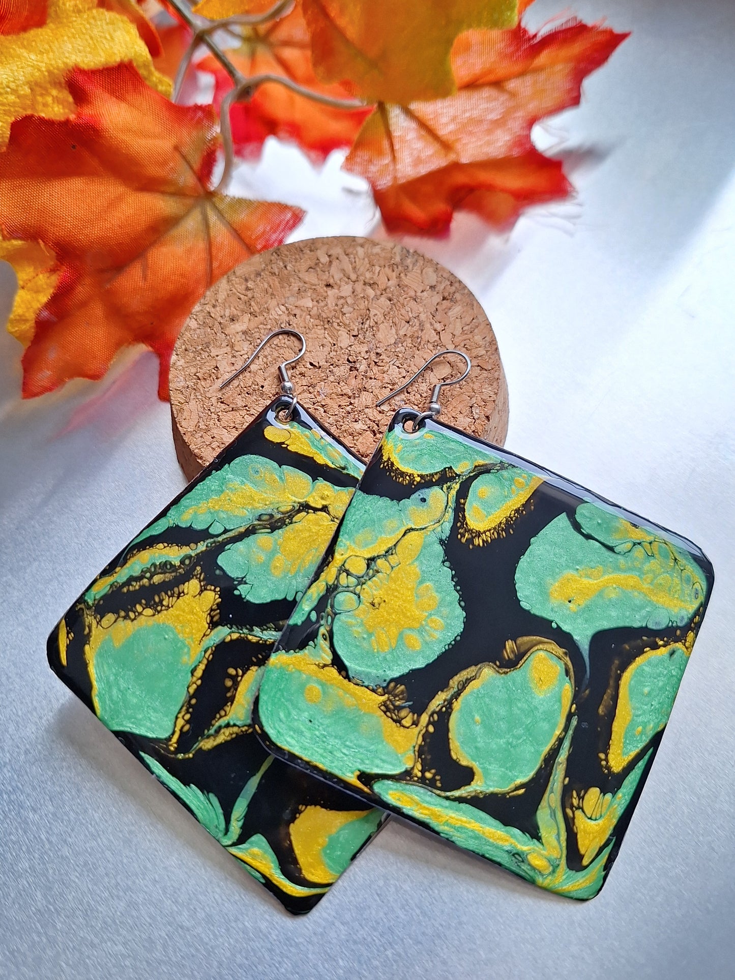 Midnight Forest: Handcrafted Aluminum Earrings Painted with Acrylic Pour Technique in Metallic Green and Gold