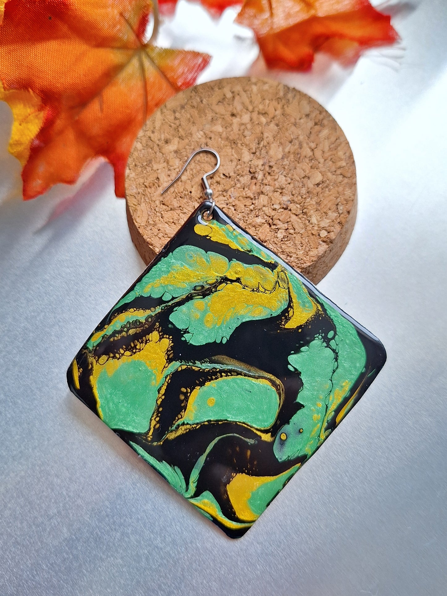 Midnight Forest: Handcrafted Aluminum Earrings Painted with Acrylic Pour Technique in Metallic Green and Gold