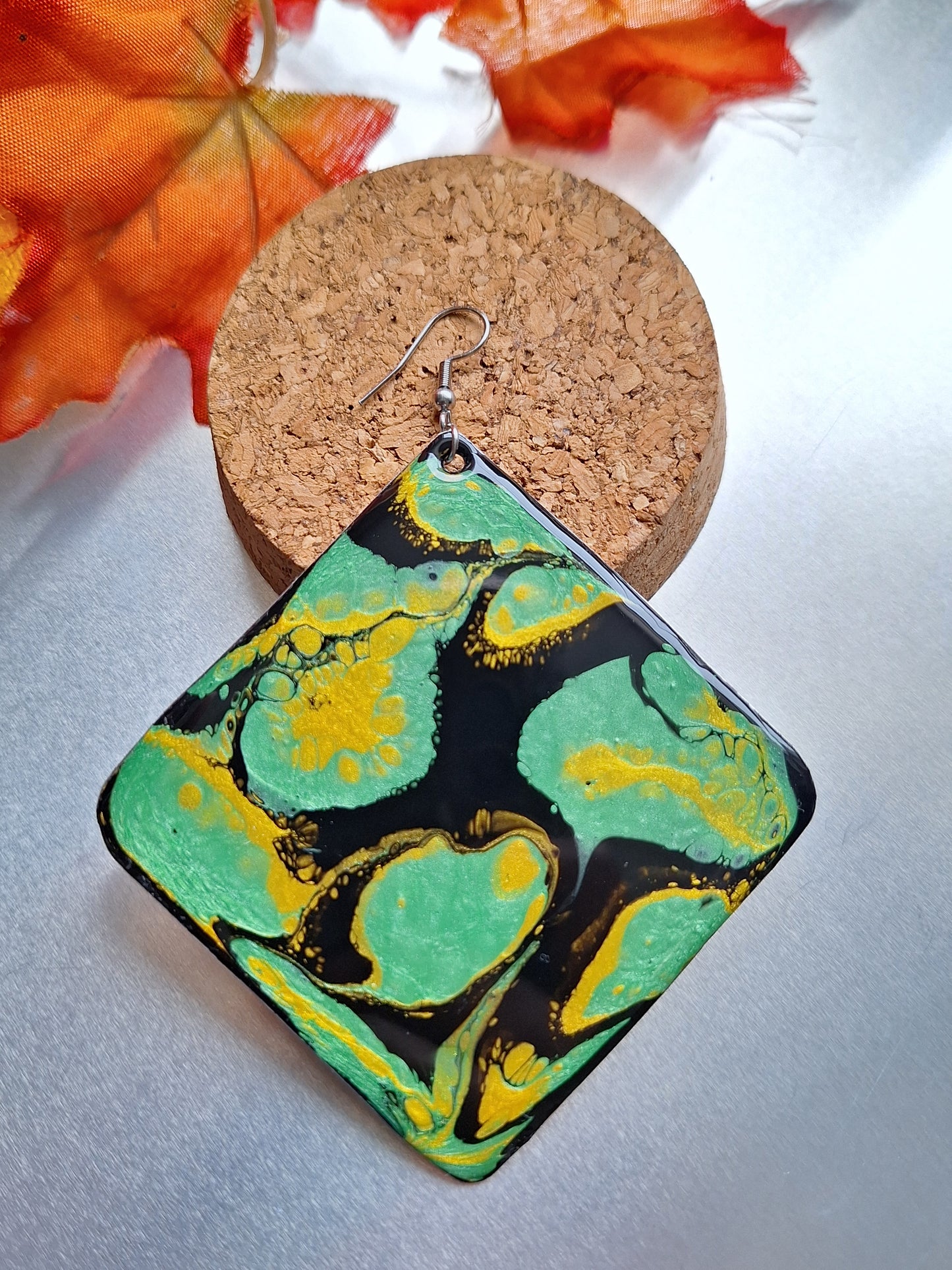 Midnight Forest: Handcrafted Aluminum Earrings Painted with Acrylic Pour Technique in Metallic Green and Gold