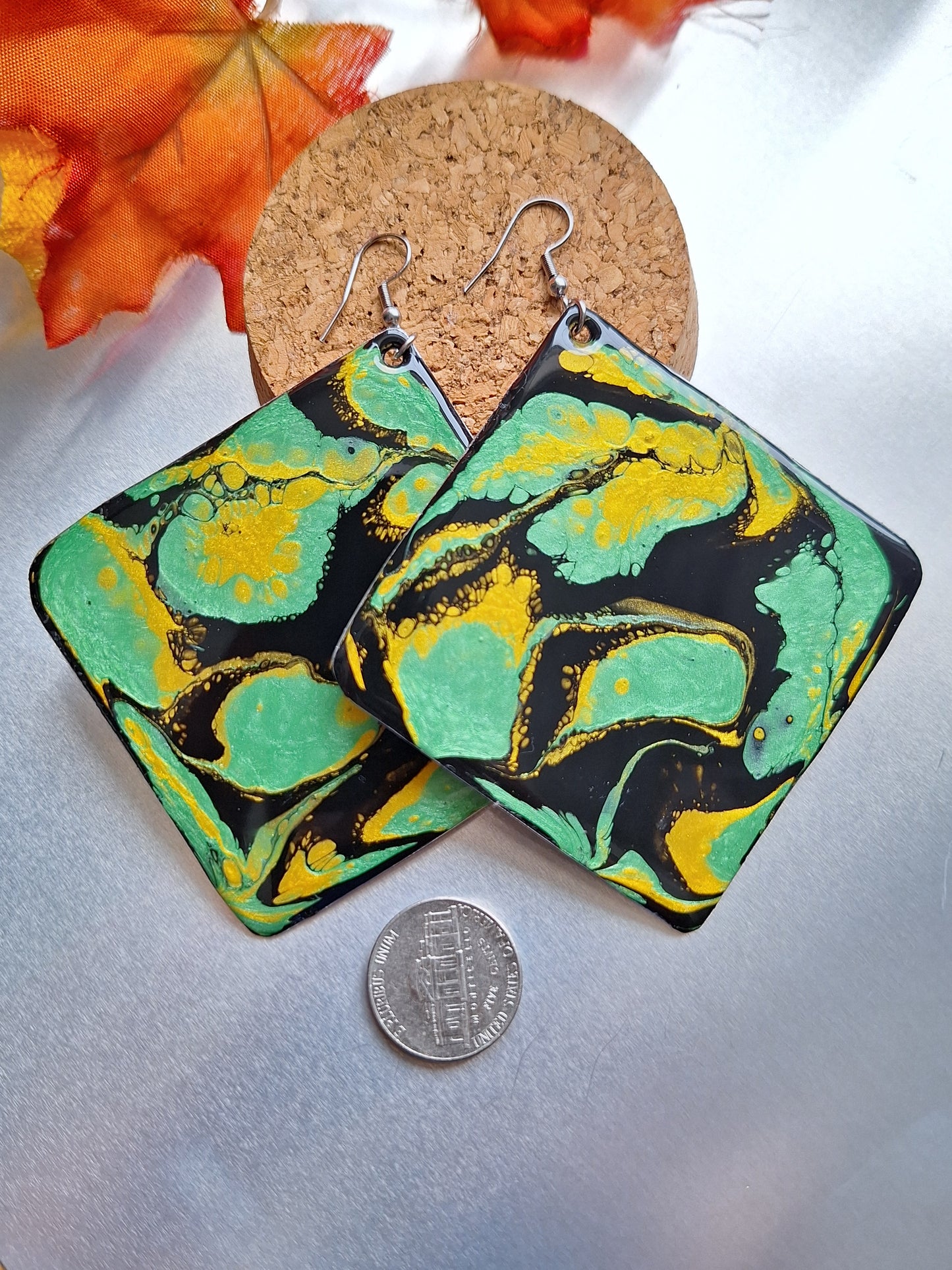 Midnight Forest: Handcrafted Aluminum Earrings Painted with Acrylic Pour Technique in Metallic Green and Gold