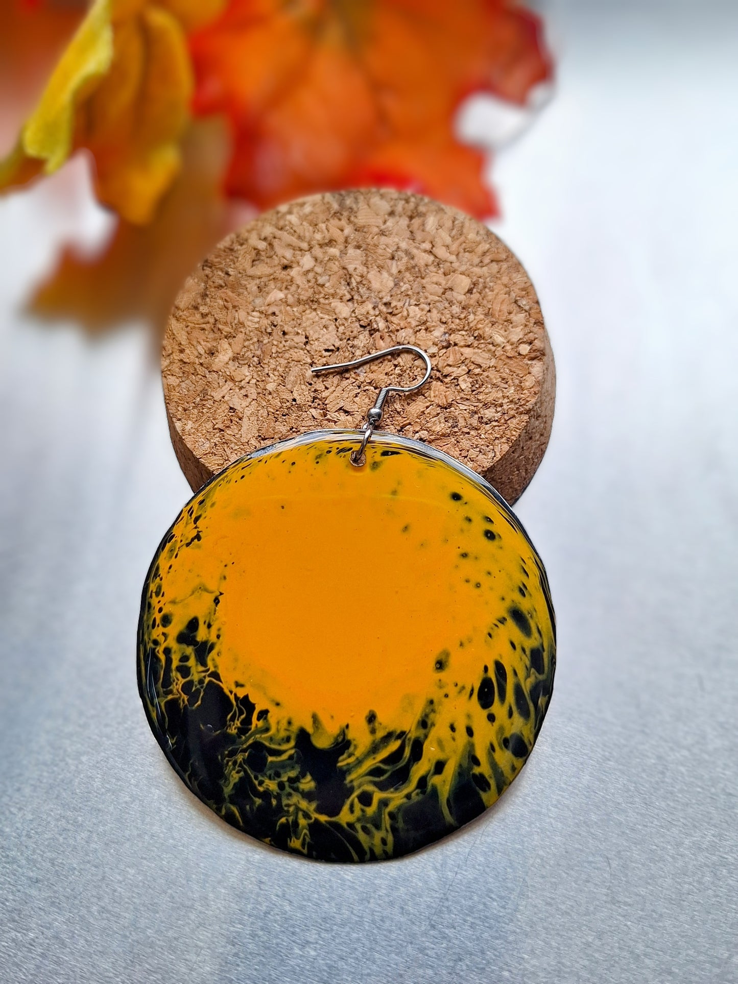 Midnight Fireflies: Hand-painted Aluminum Earrings in Black and Orangish Yellow