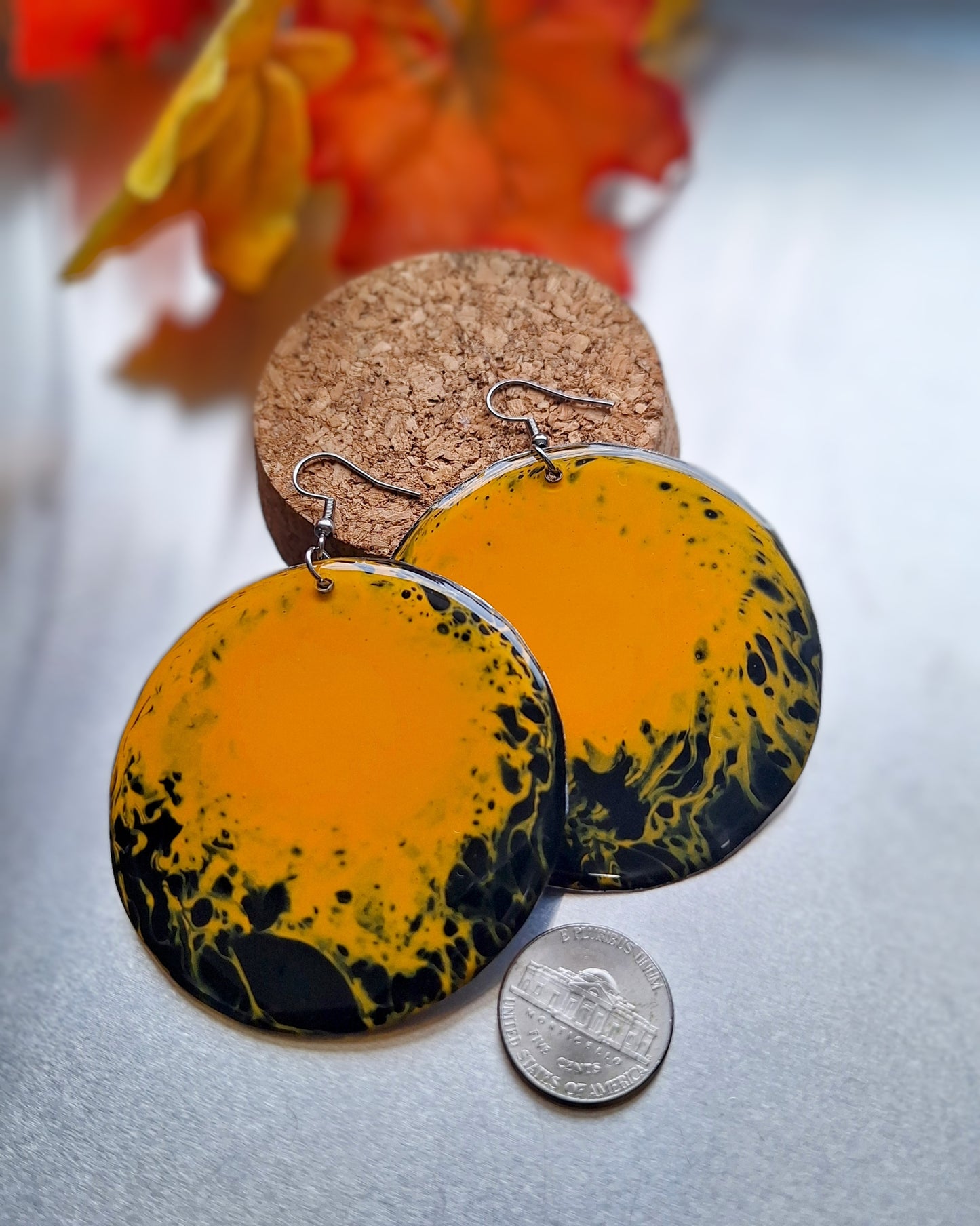 Midnight Fireflies: Hand-painted Aluminum Earrings in Black and Orangish Yellow