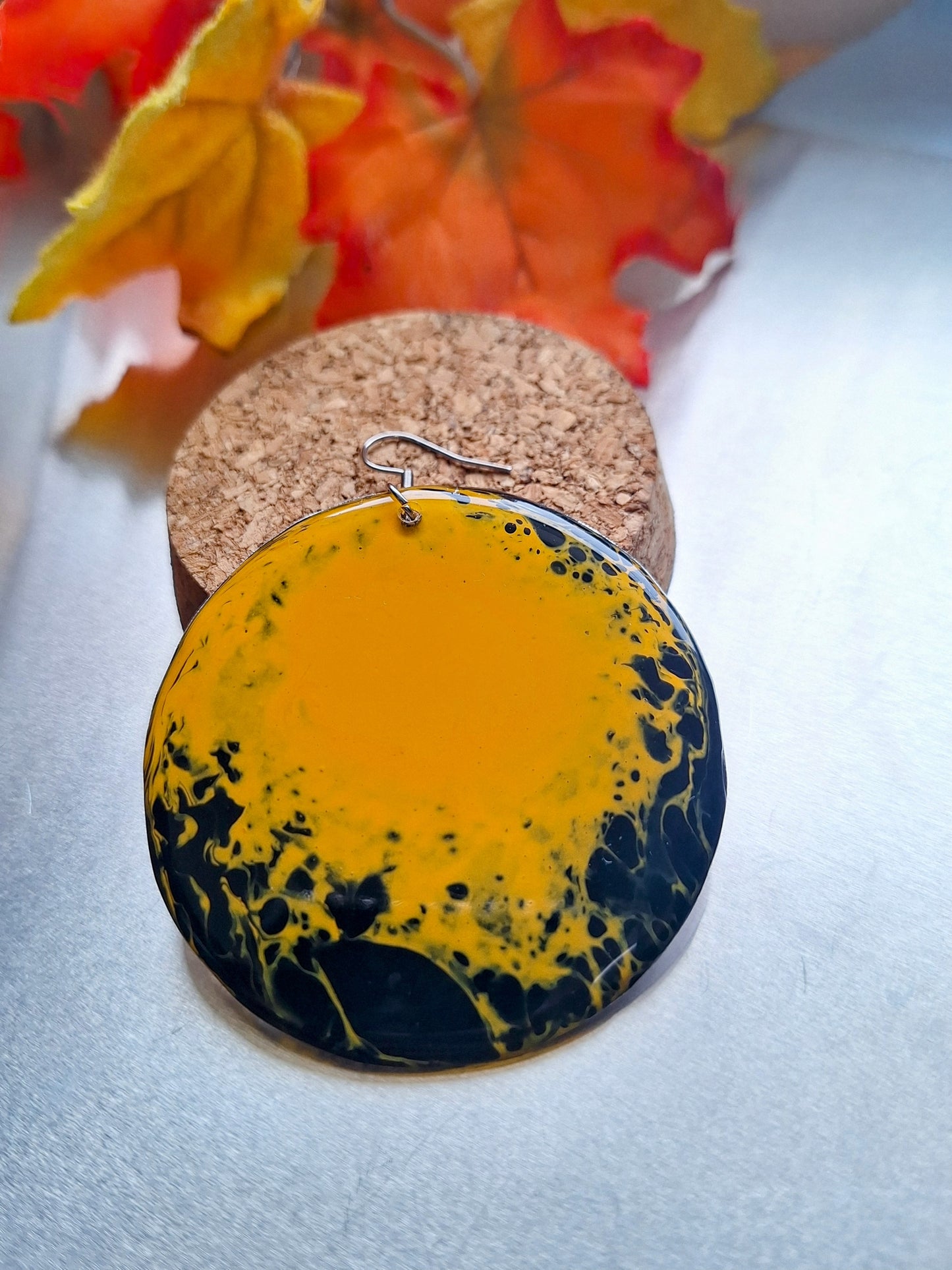 Midnight Fireflies: Hand-painted Aluminum Earrings in Black and Orangish Yellow