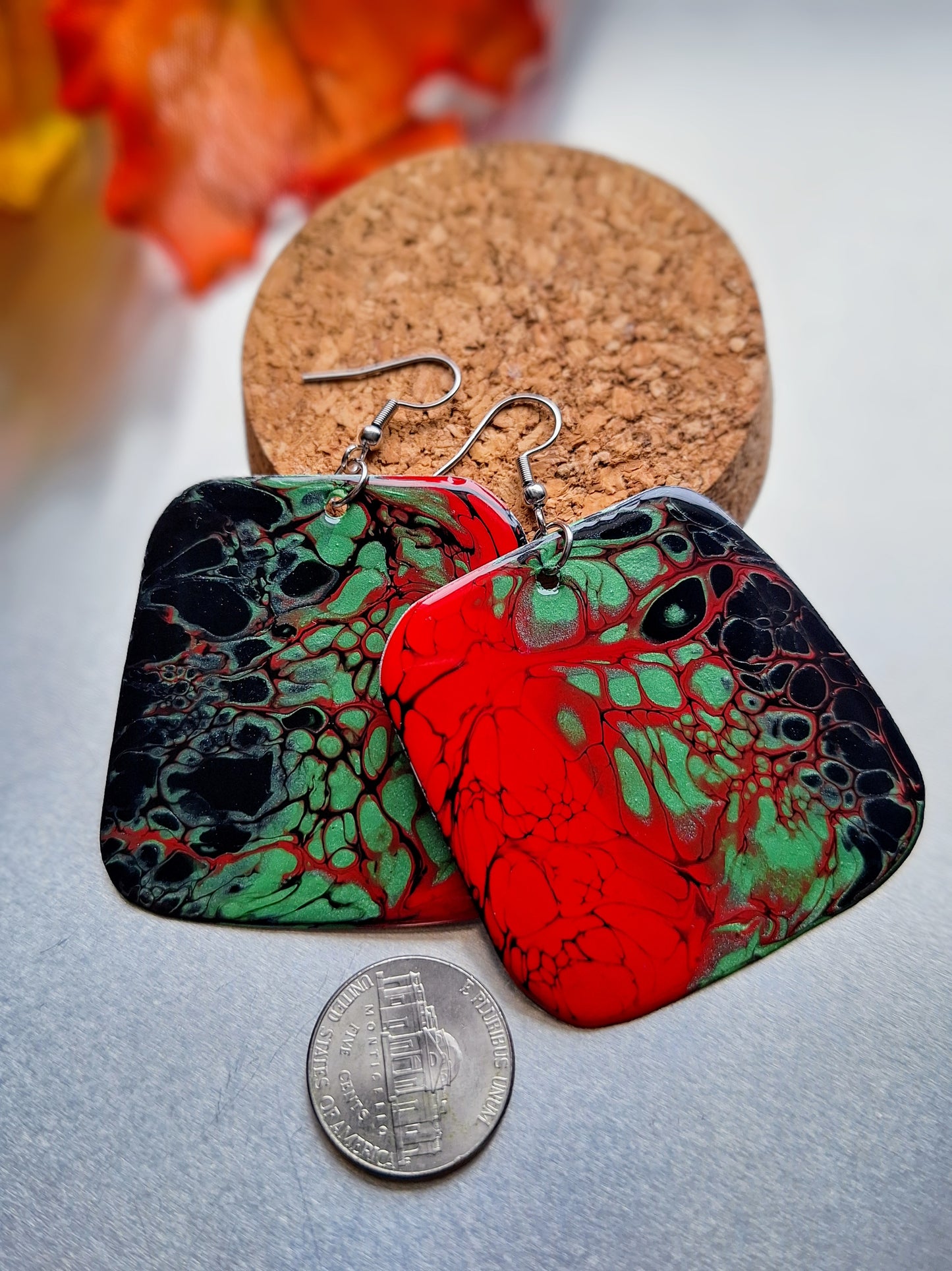 Rasta Love: Red, Green and Black Acrylic Pour Earrings on Aluminum