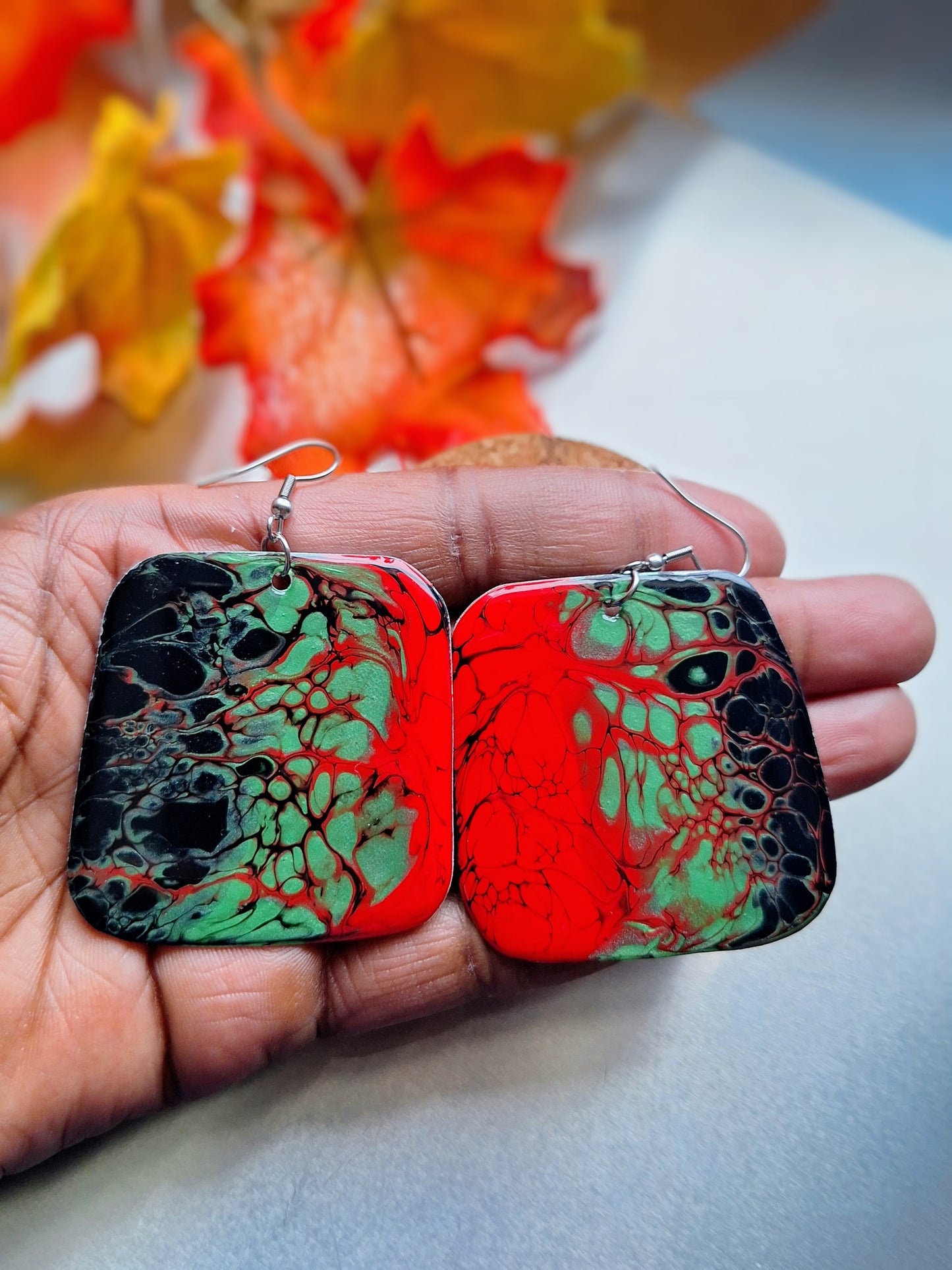 Rasta Love: Red, Green and Black Acrylic Pour Earrings on Aluminum