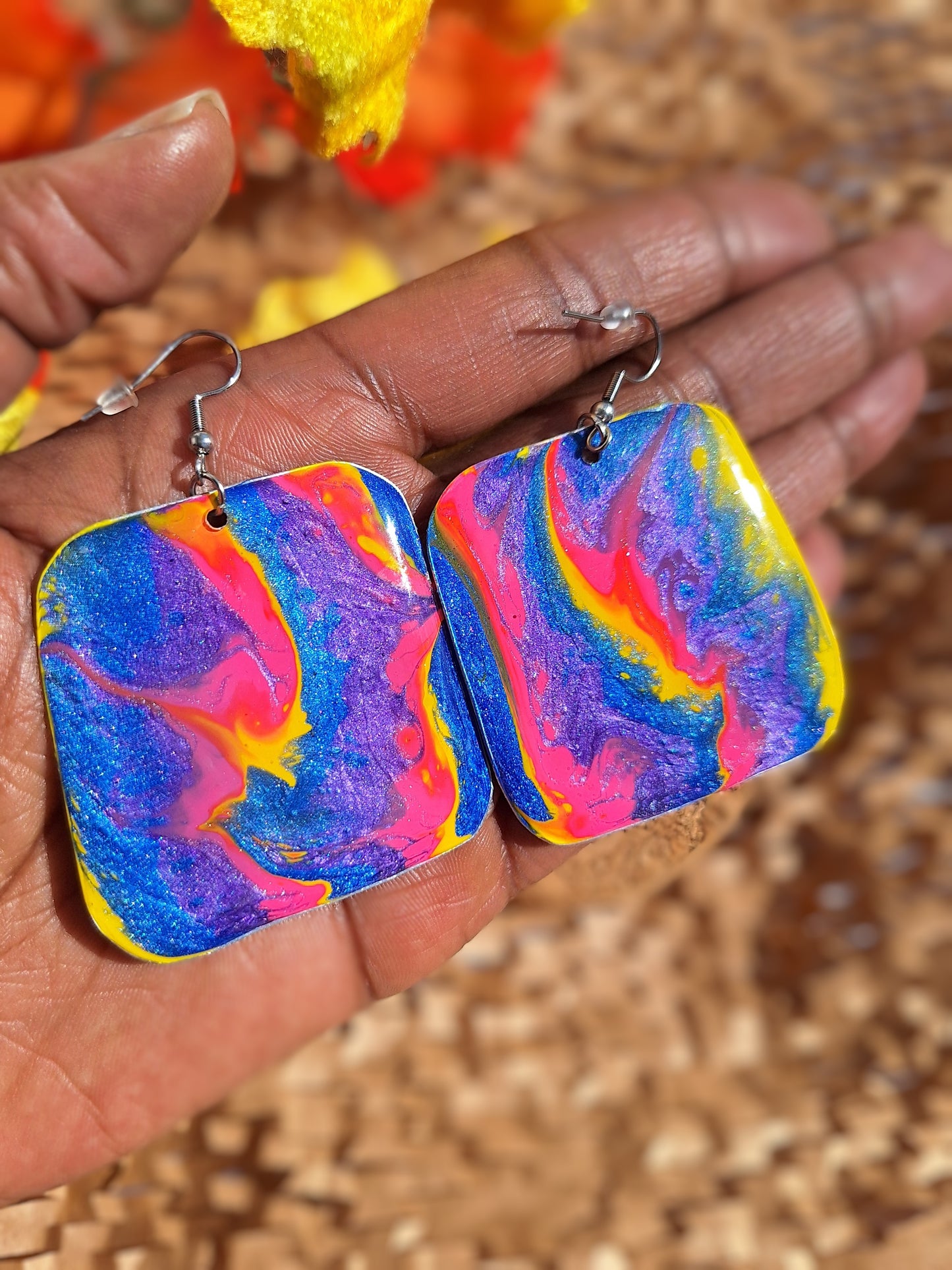 Neon Dreams: Handcrafted Aluminum Earrings in Bold Acrylic Pour Colors