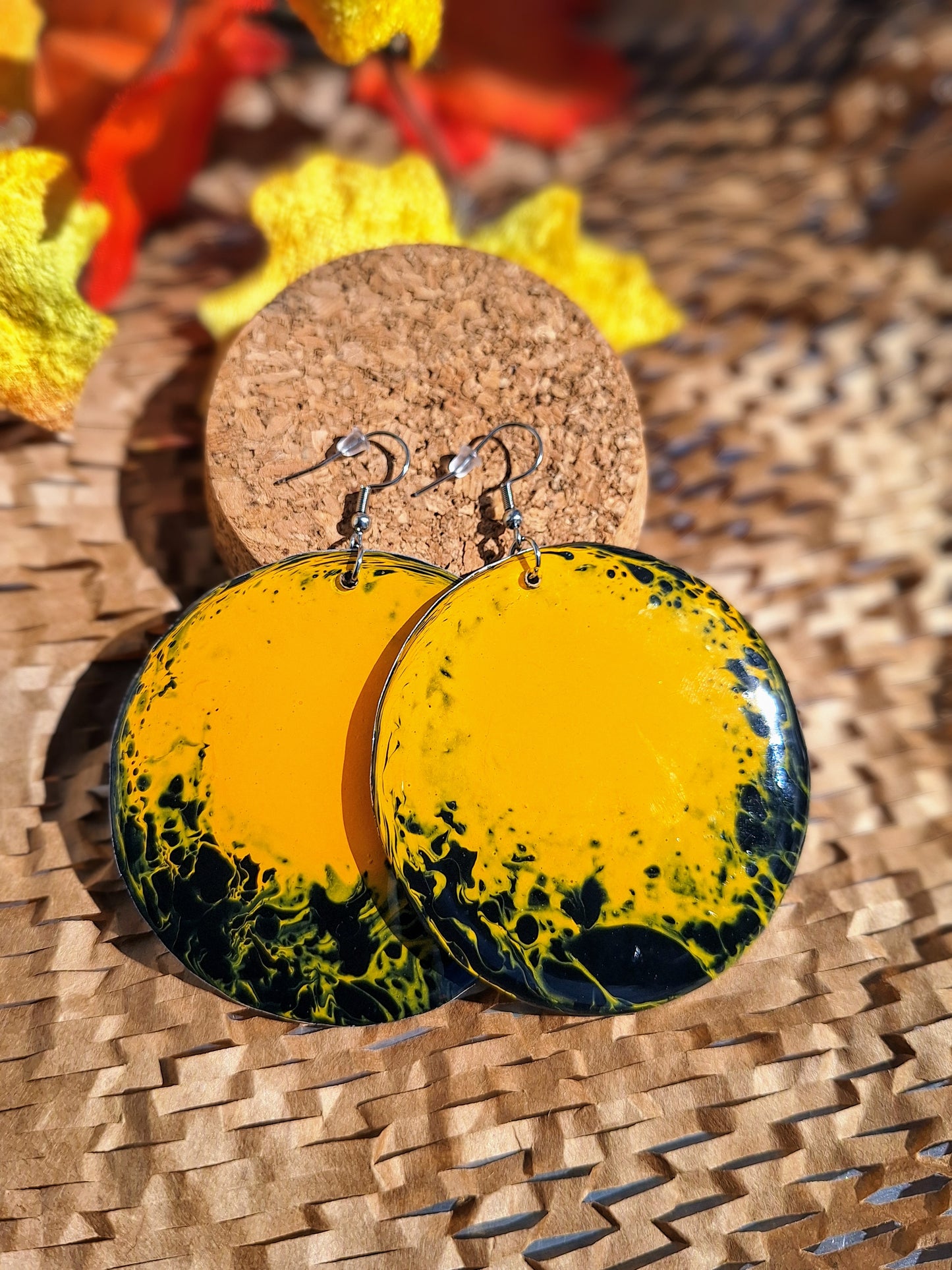 Midnight Fireflies: Hand-painted Aluminum Earrings in Black and Orangish Yellow