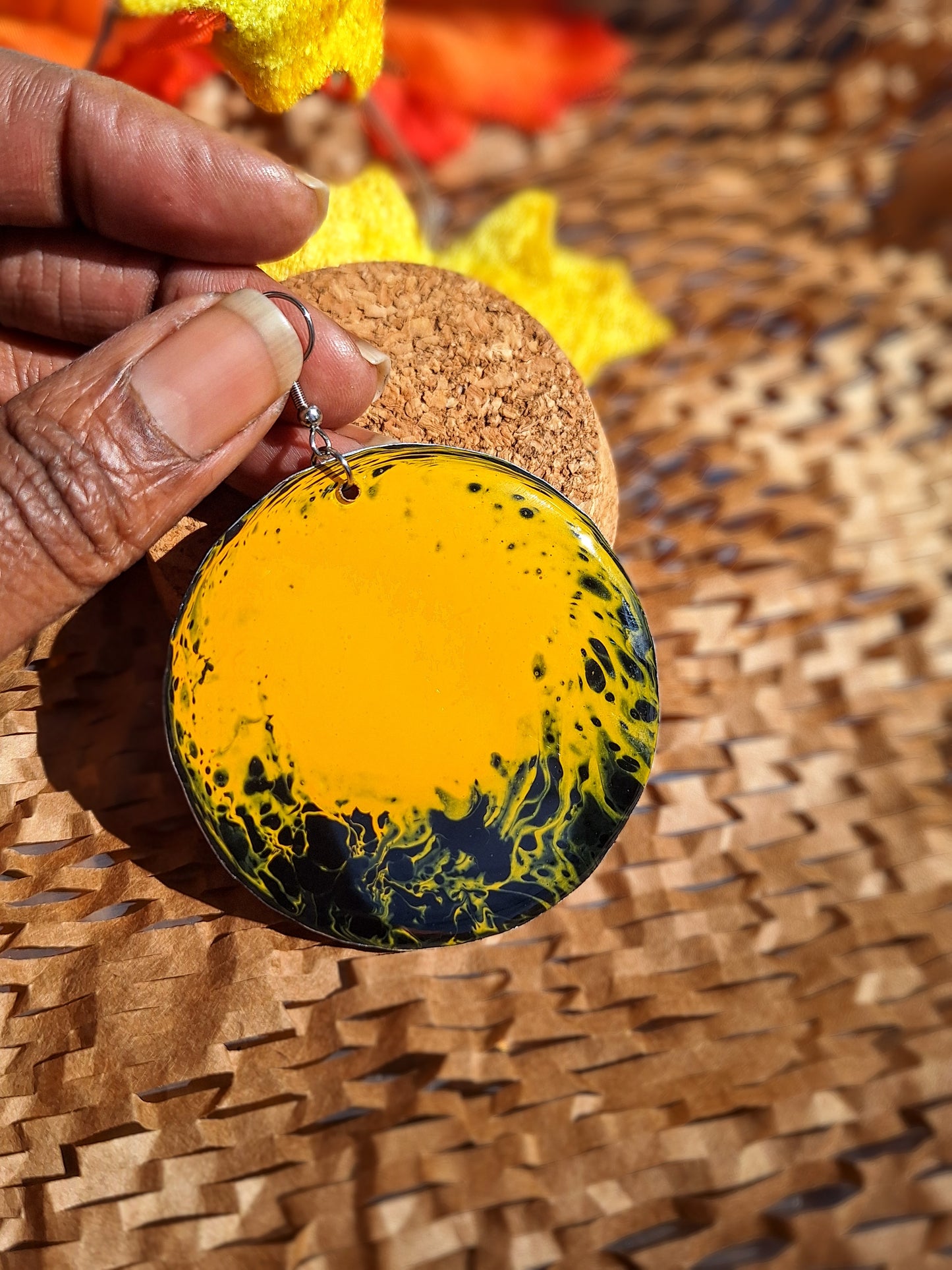 Midnight Fireflies: Hand-painted Aluminum Earrings in Black and Orangish Yellow