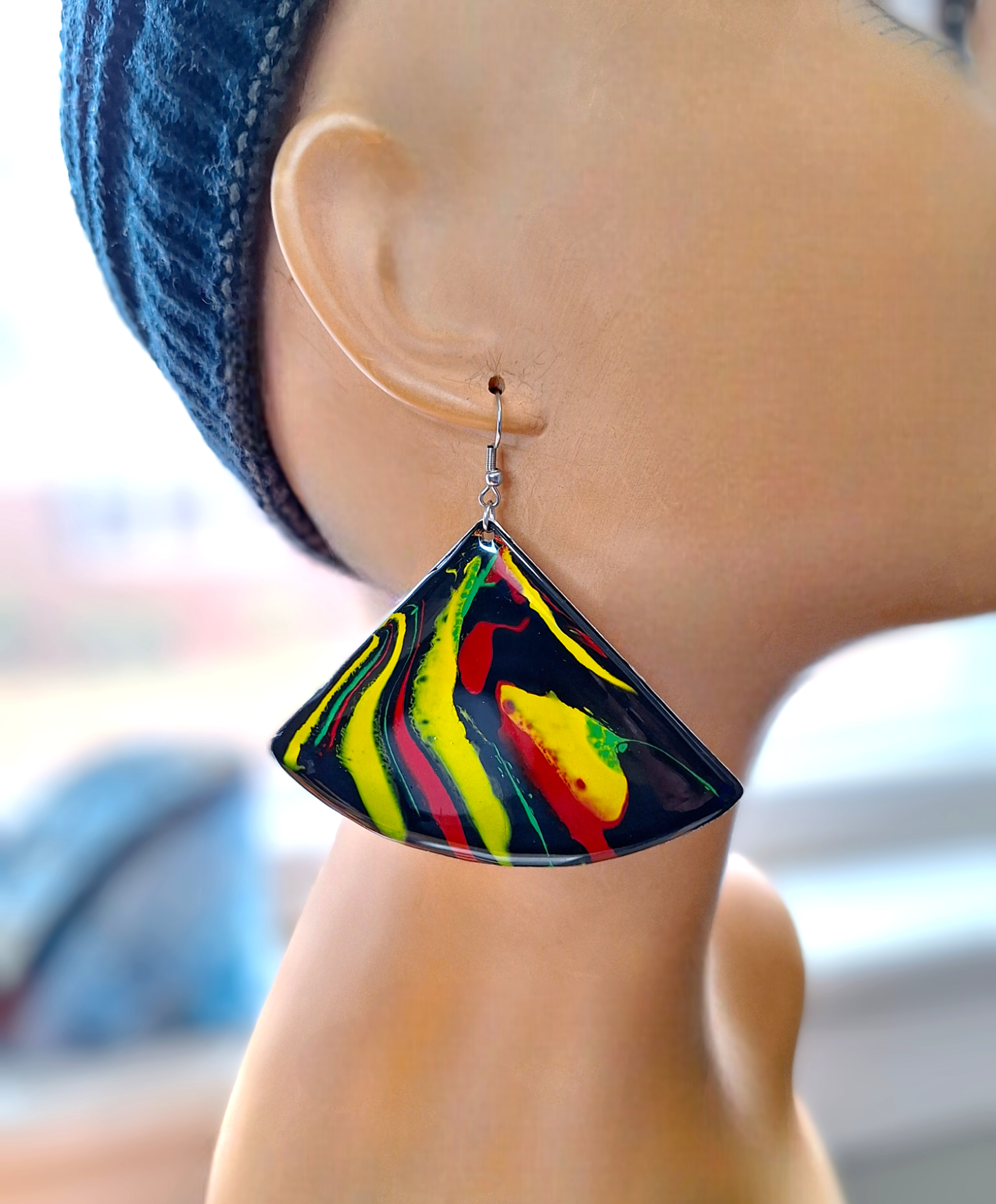 Harmony of Hues: Hand-Painted Aluminum Earrings in Red, Black, Green, and Yellow