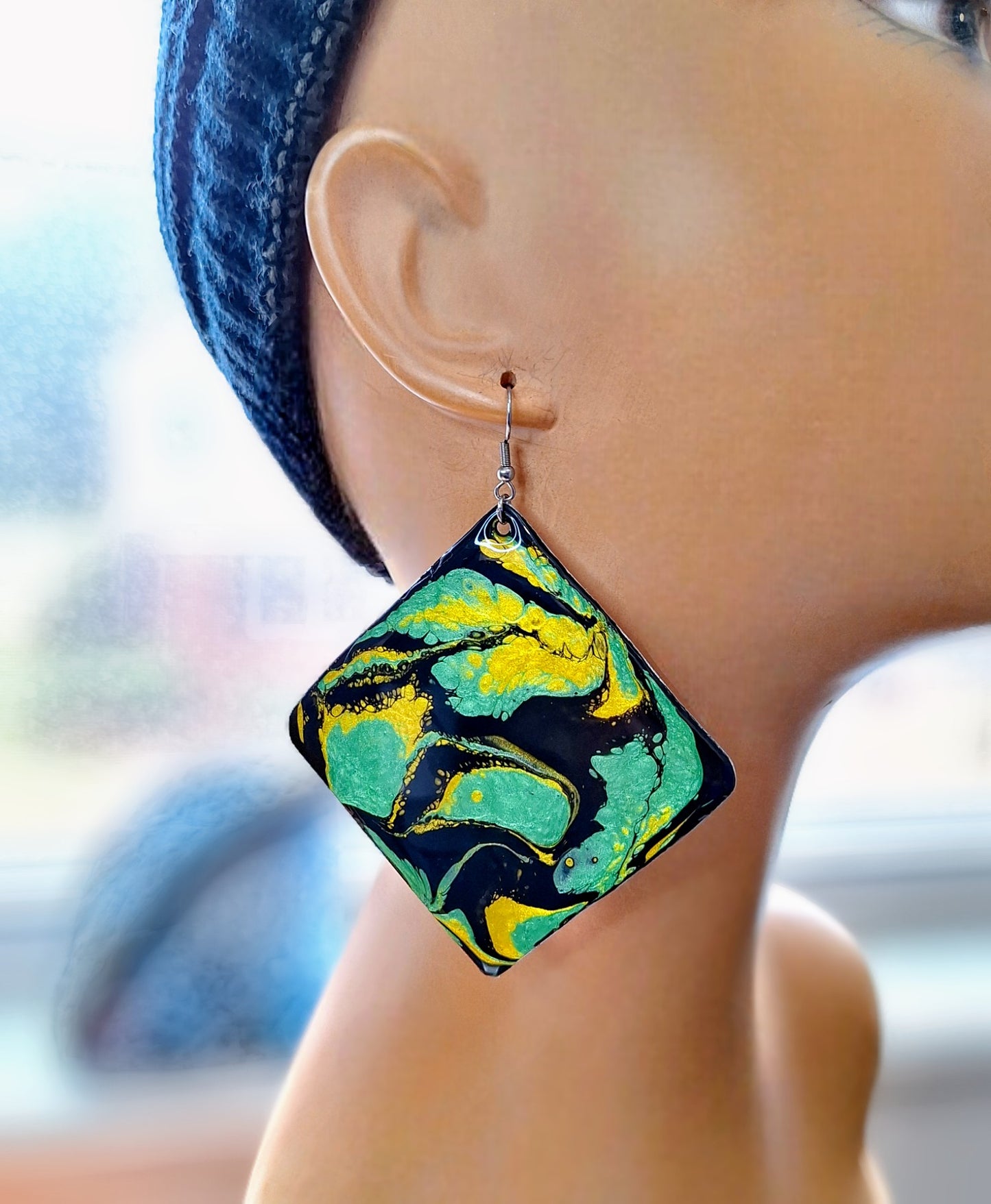 Midnight Forest: Handcrafted Aluminum Earrings Painted with Acrylic Pour Technique in Metallic Green and Gold