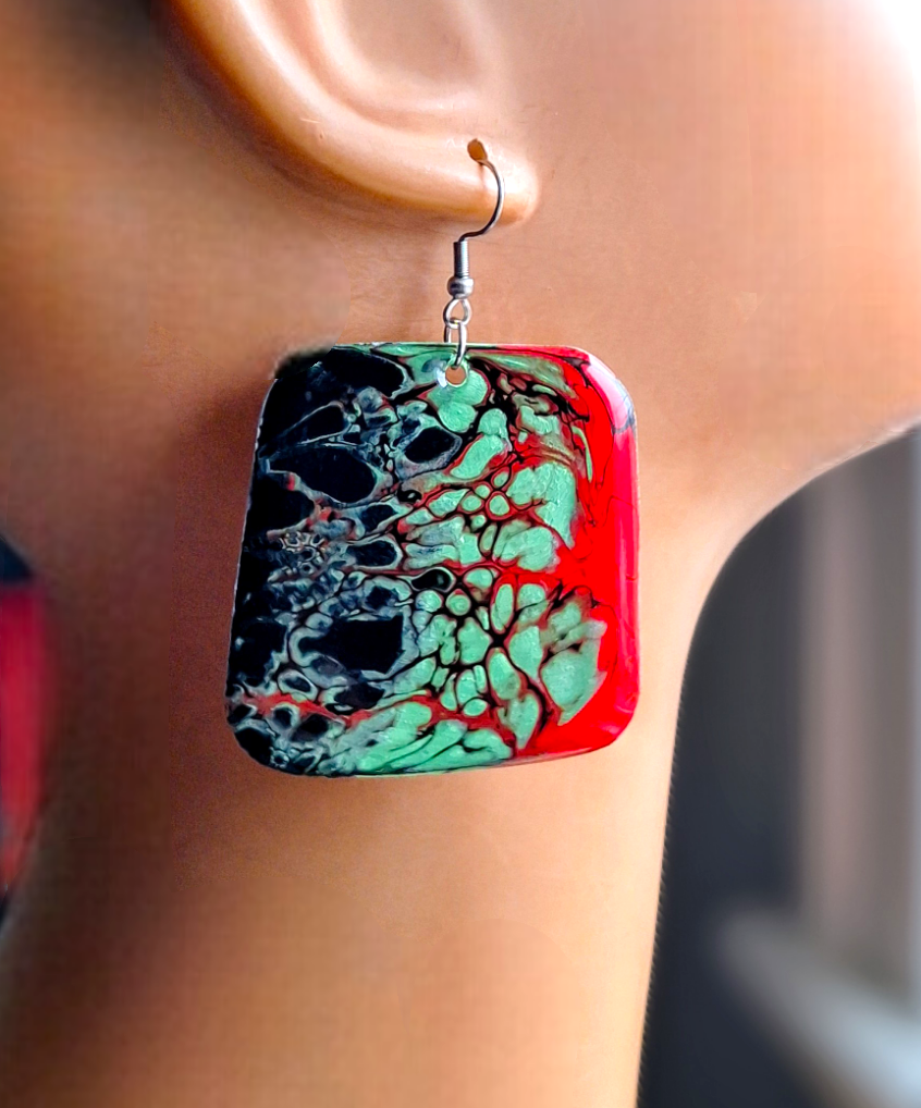 Rasta Love: Red, Green and Black Acrylic Pour Earrings on Aluminum