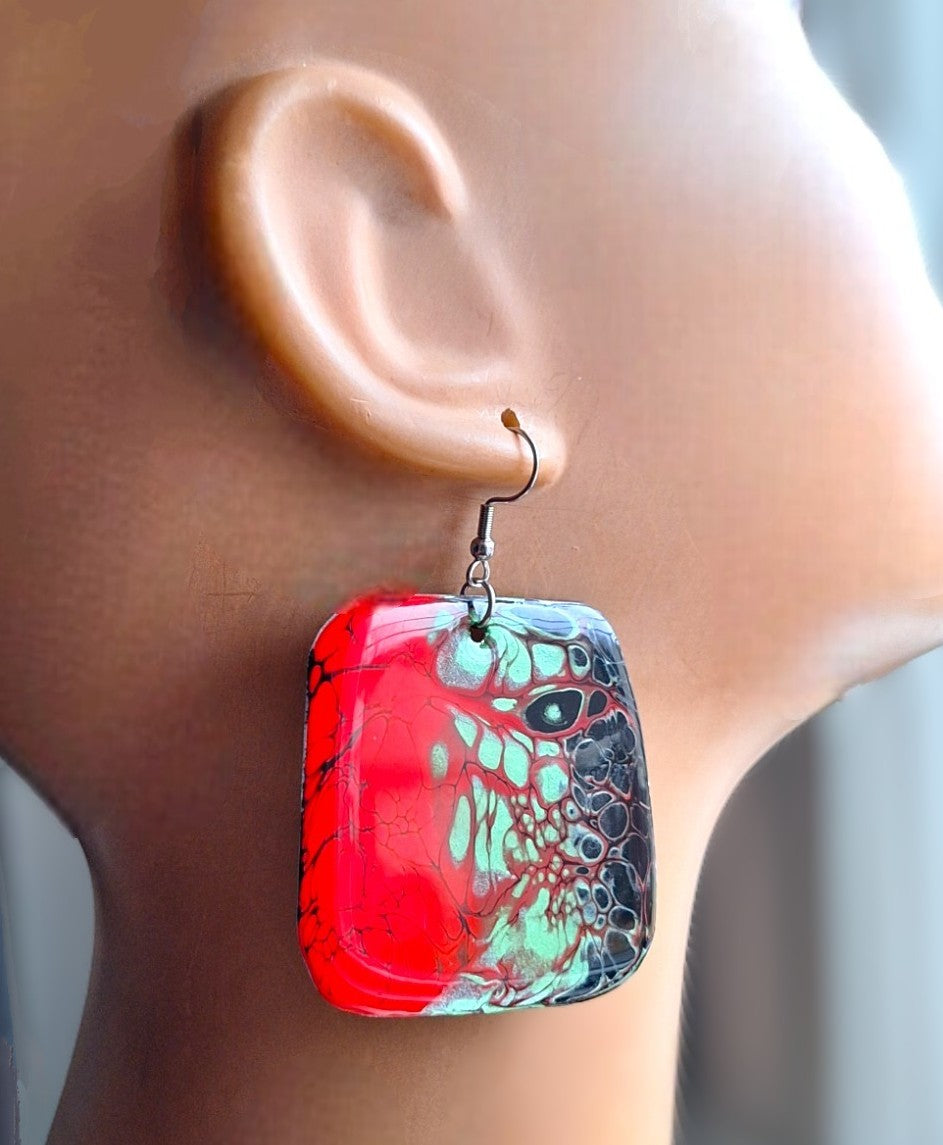 Rasta Love: Red, Green and Black Acrylic Pour Earrings on Aluminum