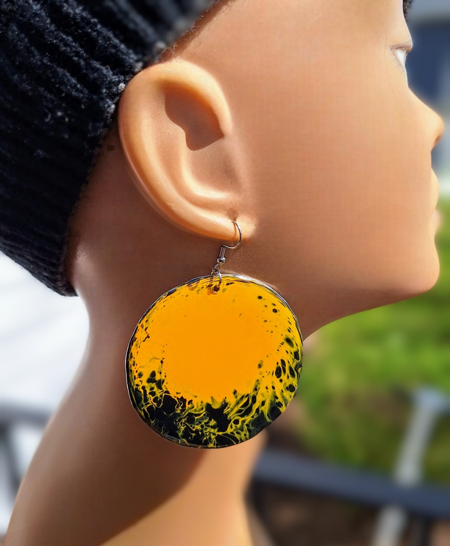 Midnight Fireflies: Hand-painted Aluminum Earrings in Black and Orangish Yellow