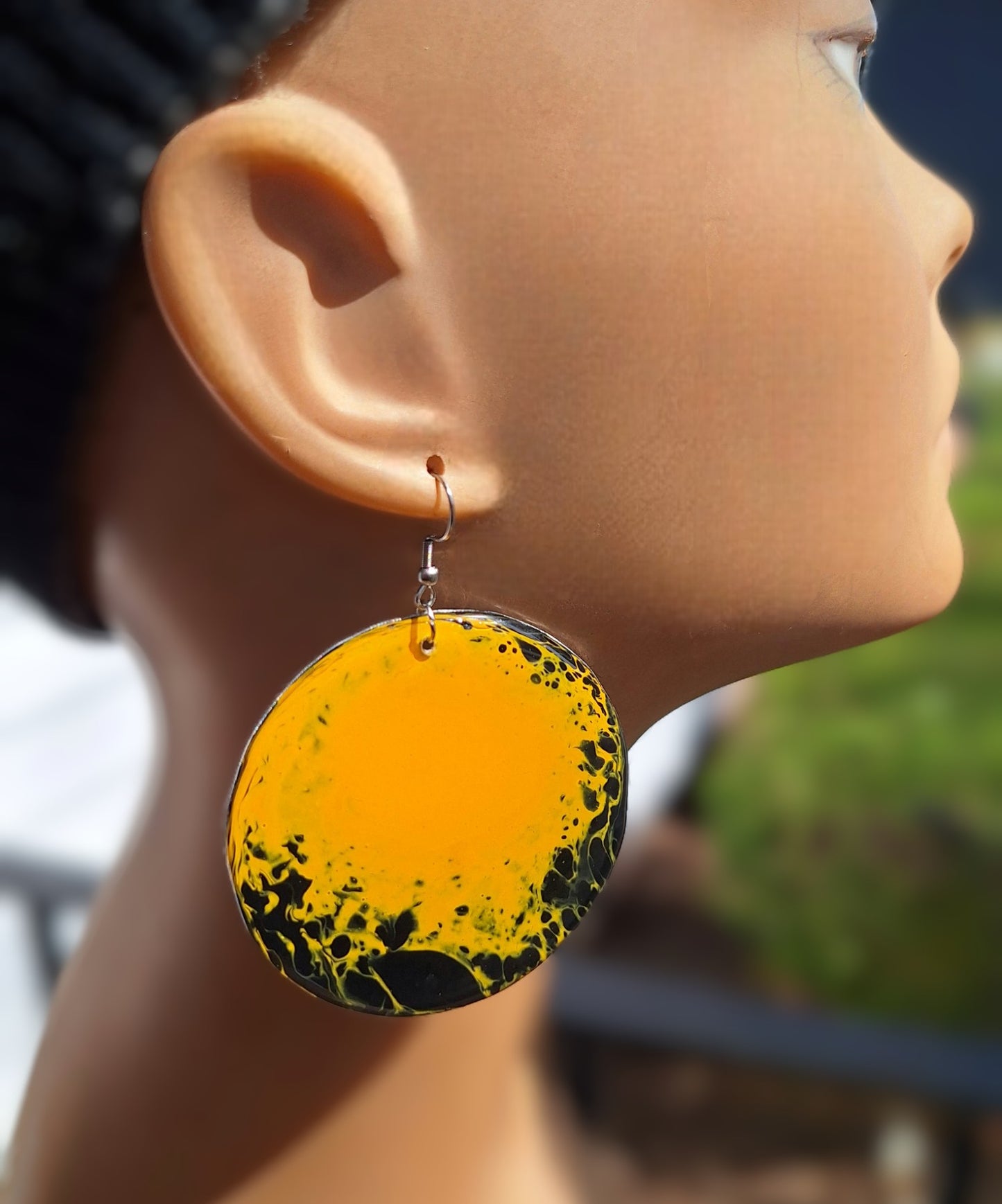 Midnight Fireflies: Hand-painted Aluminum Earrings in Black and Orangish Yellow